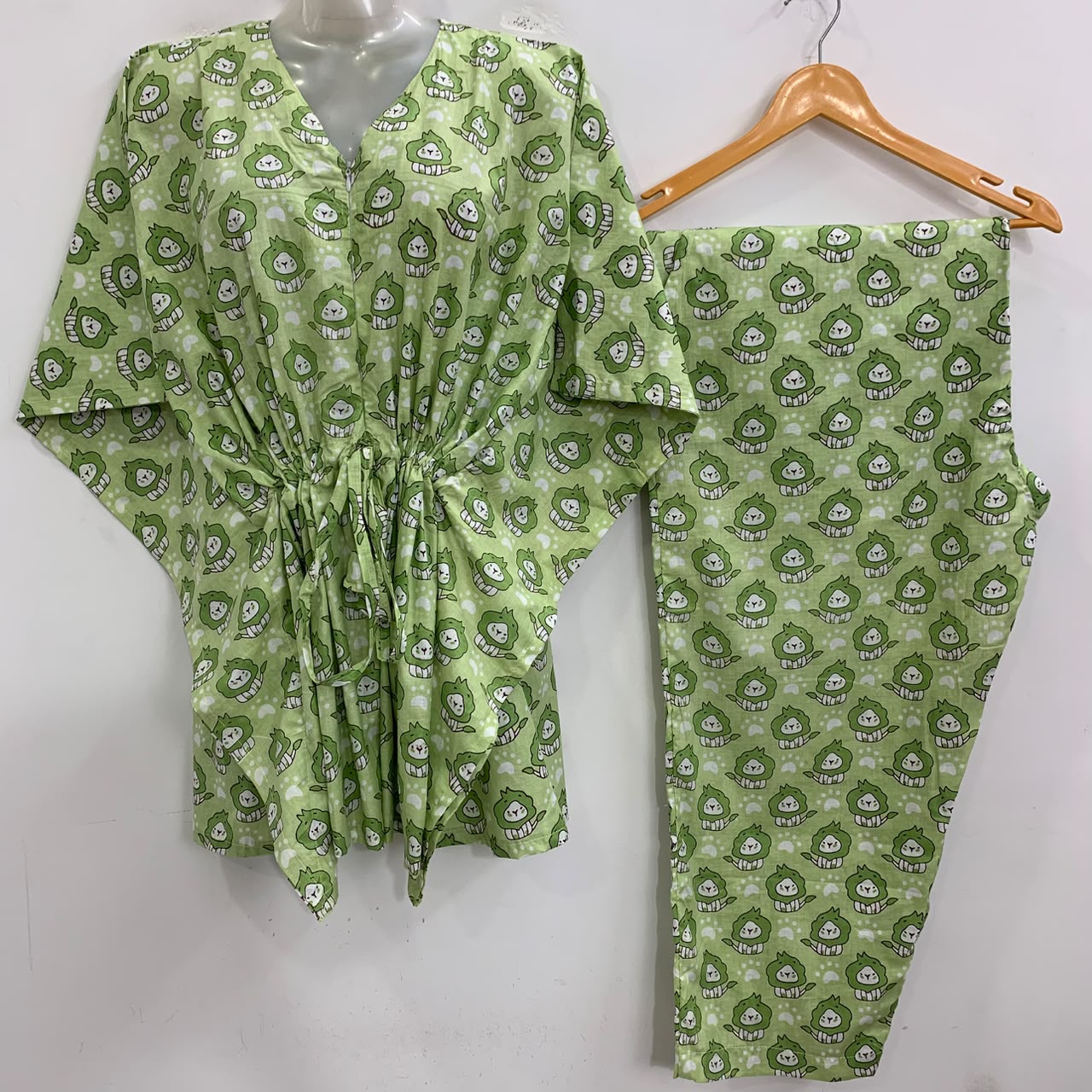 Light Green shade Lion Print Cotton Maternity Kaftan Co-Ord Set