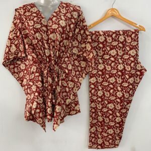 Red Shade Flower Bale Jungle Print Cotton Maternity Kaftan Co-Ord Set