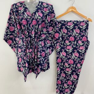 Dark Blue shade Pink Rose Print Cotton Maternity Kaftan Co-Ord Set
