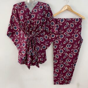 Mehroon Shade Blue flower Print Cotton Maternity Kaftan Co-Ord Set