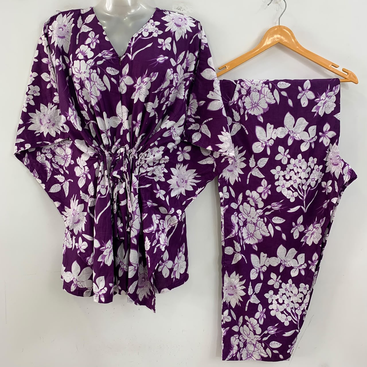 Dark Purple shade White Flower Bunch Print Cotton Maternity Kaftan Co-Ord Set