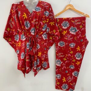 FRed Shade Blue flower Print Cotton Maternity Kaftan Co-Ord Set