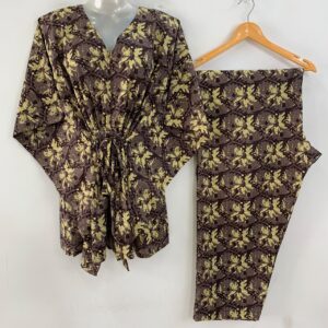 Wood Brown shade Yellow Leafy Print Cotton Maternity Kaftan Co-Ord Set