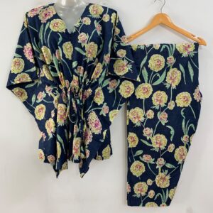 Dark Blue shade Yellow Flower Print Cotton Maternity Kaftan Co-Ord Set
