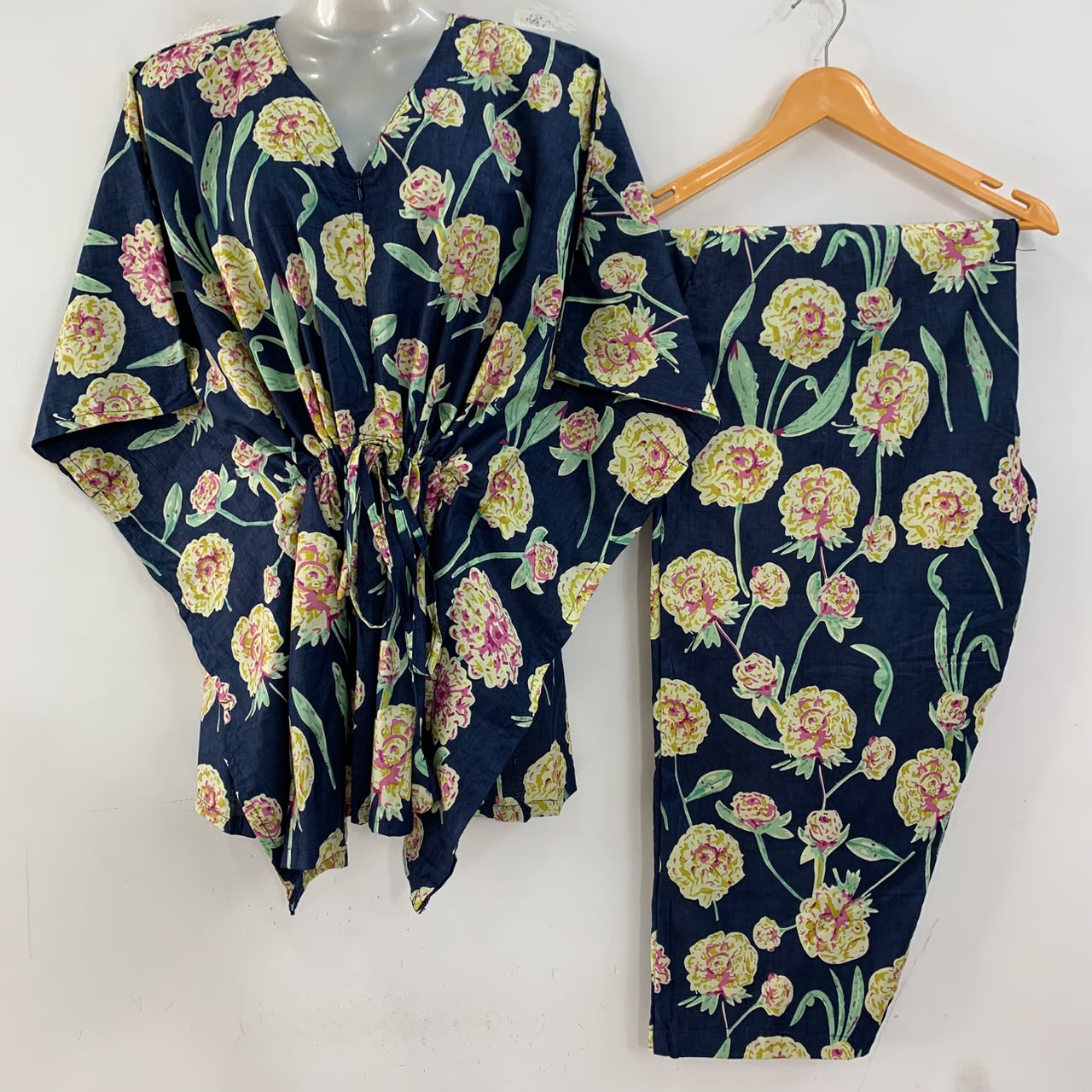 Dark Blue shade Yellow Flower Print Cotton Maternity Kaftan Co-Ord Set