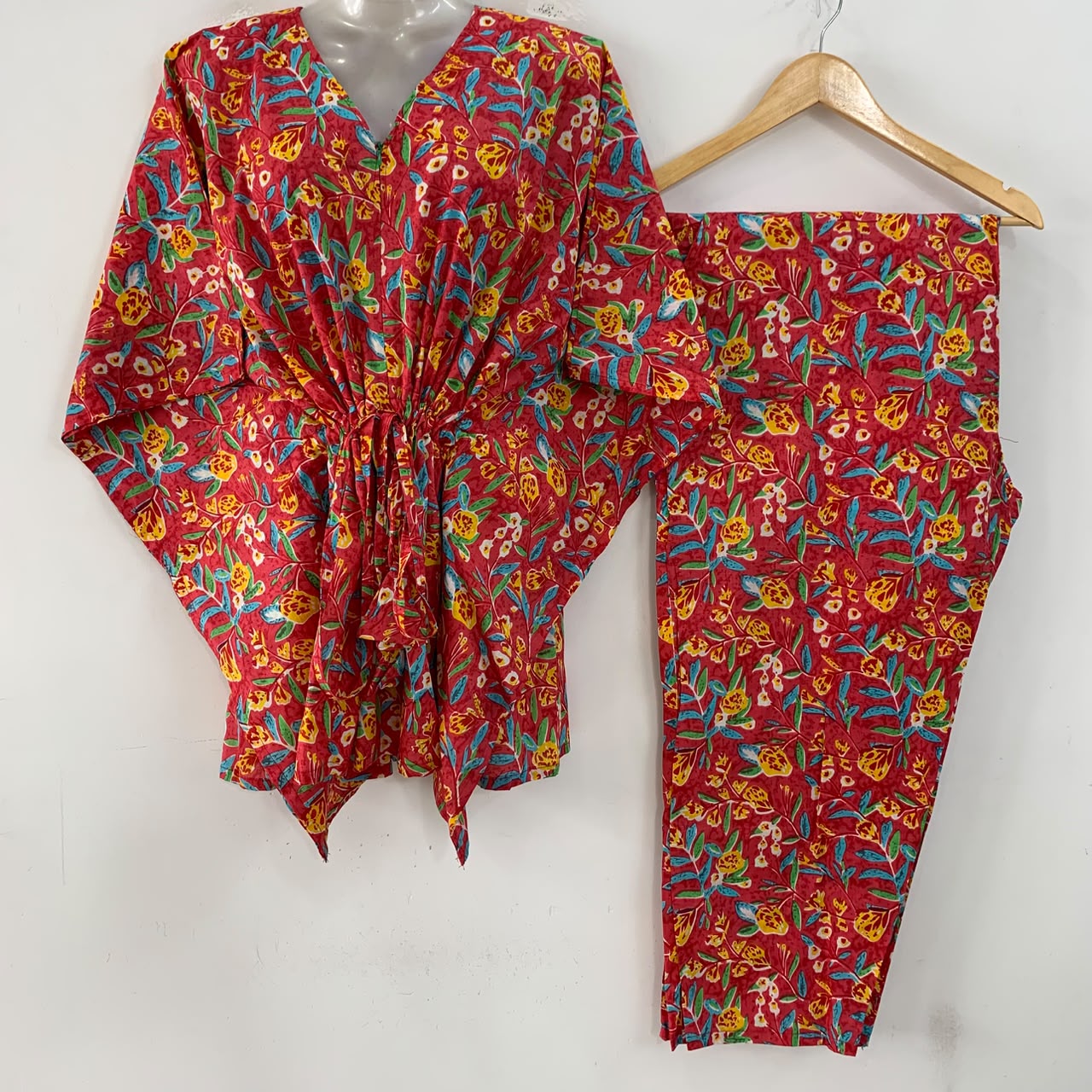 Pink shade Yellow Flower Print Cotton Maternity Kaftan Co-Ord Set