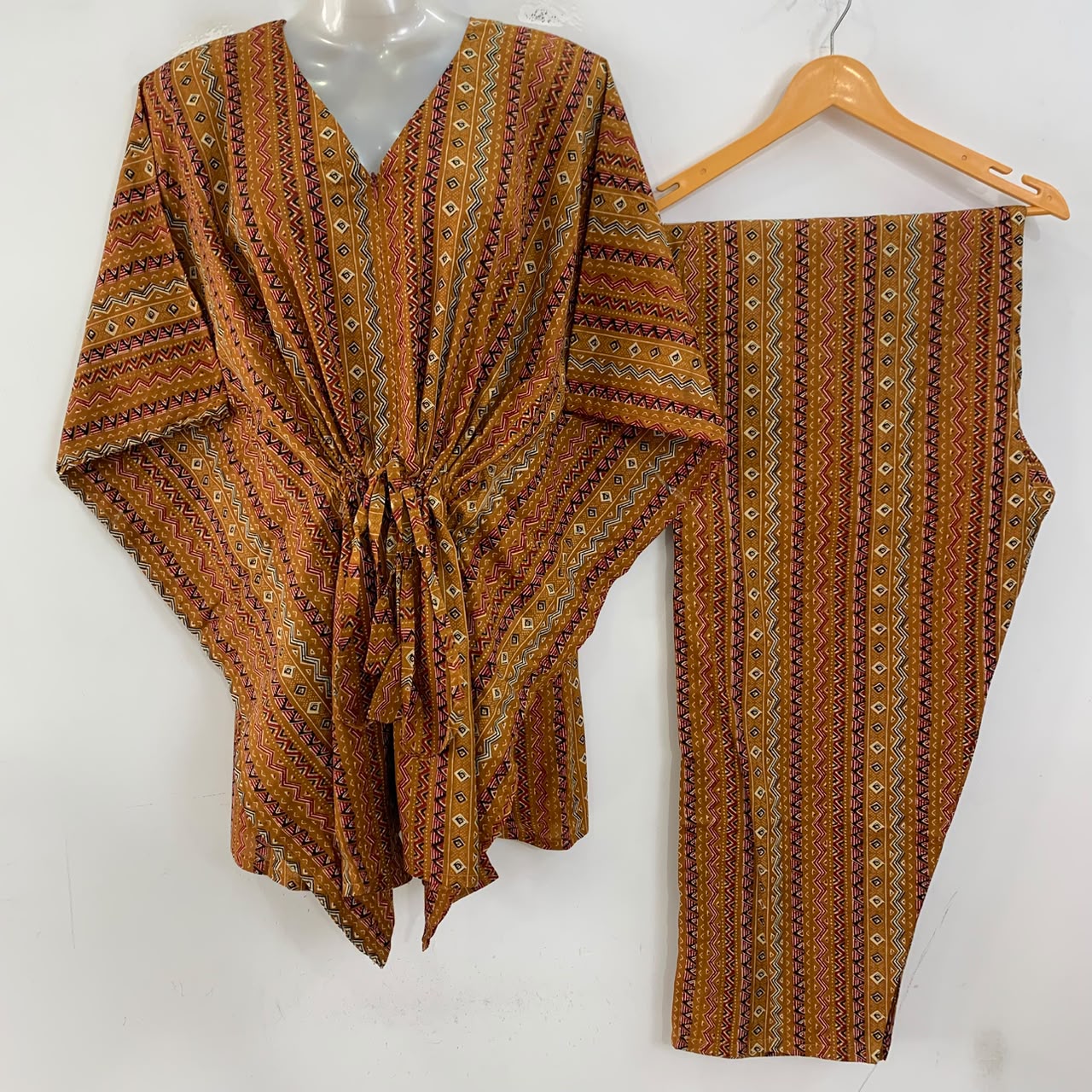 Mustard Brown shade Lining Boho Print Cotton Maternity Kaftan Co-Ord Set