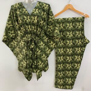 Olive Green shade Yellow Leafy Print Cotton Maternity Kaftan Co-Ord Set