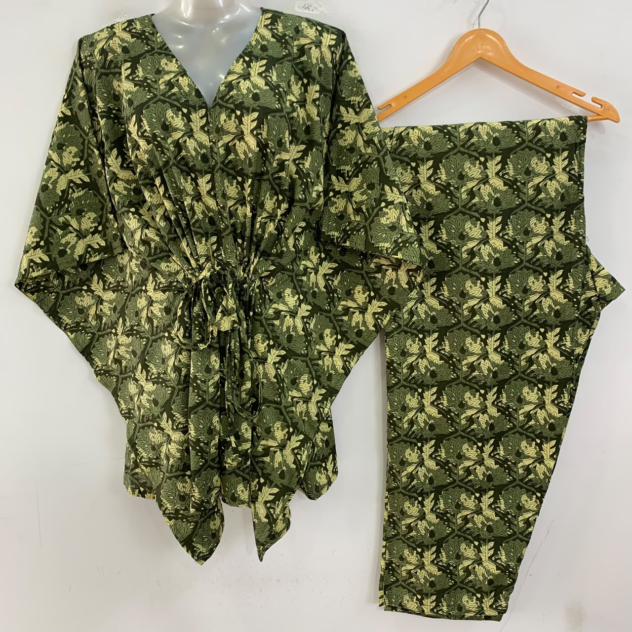 Olive Green shade Yellow Leafy Print Cotton Maternity Kaftan Co-Ord Set