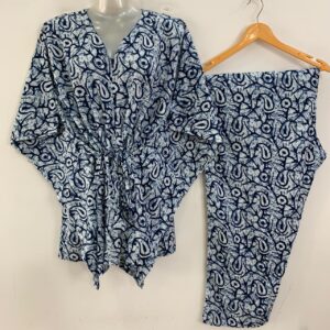 Blue shade Single leafy Abstract Print Cotton Maternity Kaftan Co-Ord Set