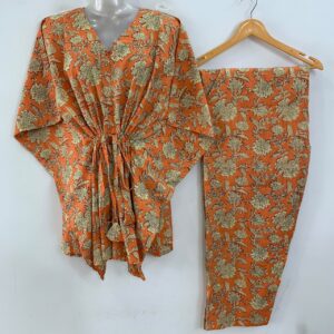 Orange shade Dandelion Flower Print Cotton Maternity Kaftan Co-Ord Set