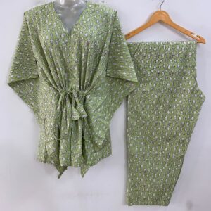 Pastel Green Fishy Print Cotton Maternity Kaftan Co-Ord Set