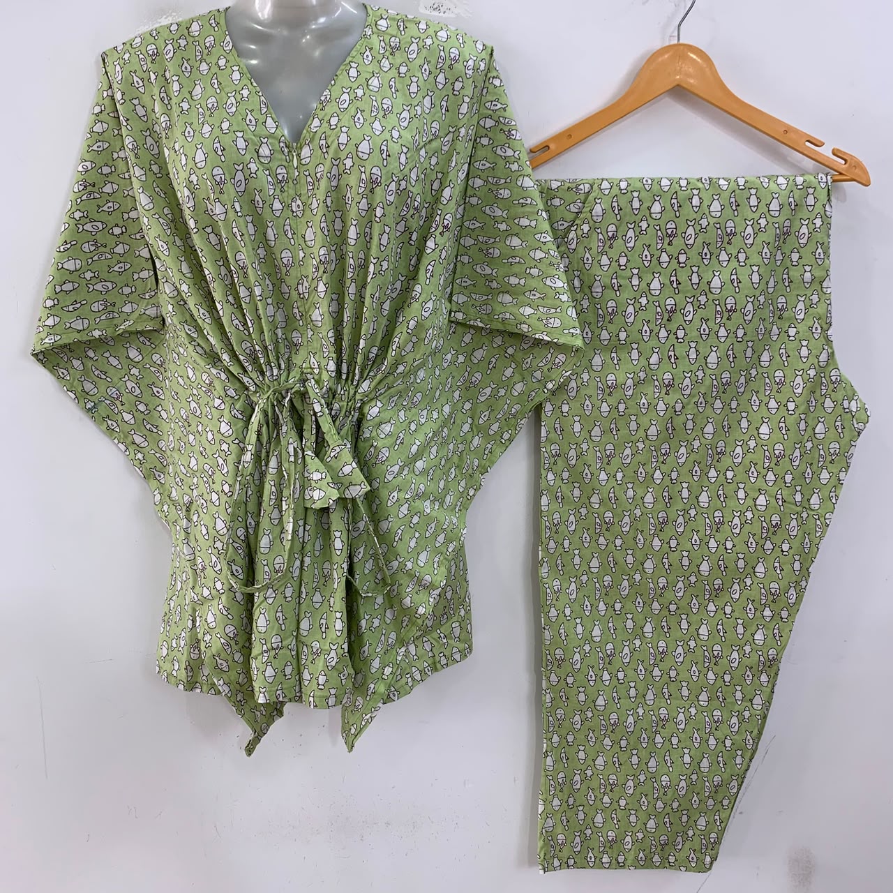 Pastel Green Fishy Print Cotton Maternity Kaftan Co-Ord Set