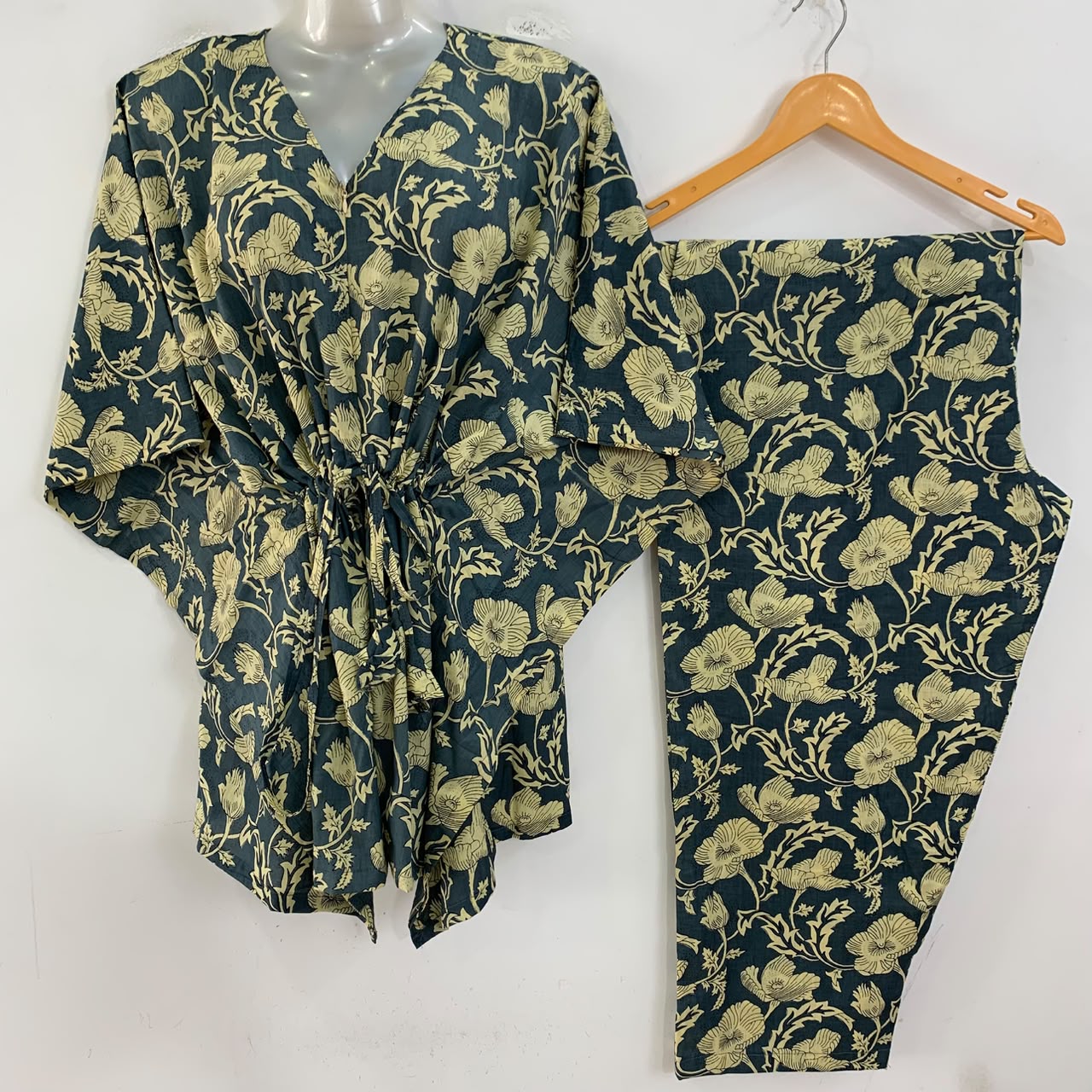 Dark Grey Shade Poppy Flower Print Cotton Maternity Kaftan Co-Ord Set