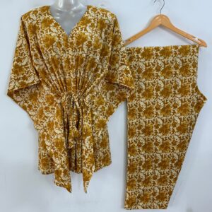 Mustard Brown Peach Lily Flower Print Cotton Maternity Kaftan Co-Ord Set
