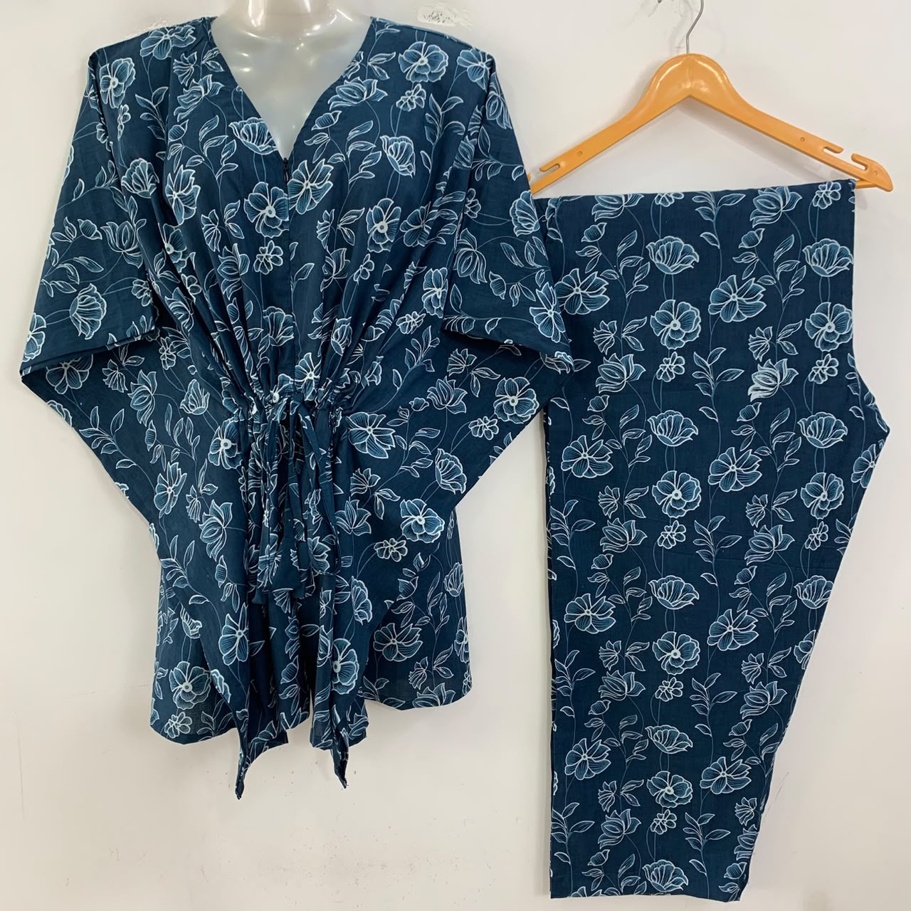 Dark Blue shade small flower outliner Print Cotton Maternity Kaftan Co-Ord Set