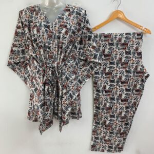 Off White Shade Blue Feather Boho Abstract Print Cotton Maternity Kaftan Co-Ord Set
