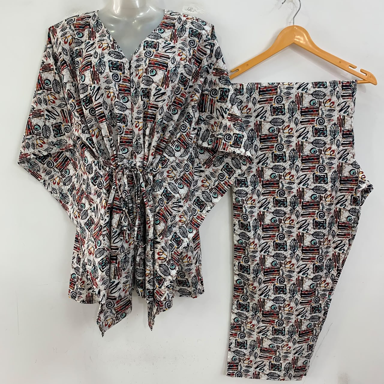 Off White Shade Blue Feather Boho Abstract Print Cotton Maternity Kaftan Co-Ord Set