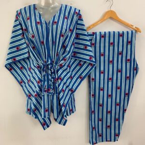 Blue Lining Red Tiny Flower Print Cotton Maternity Kaftan Co-Ord Set