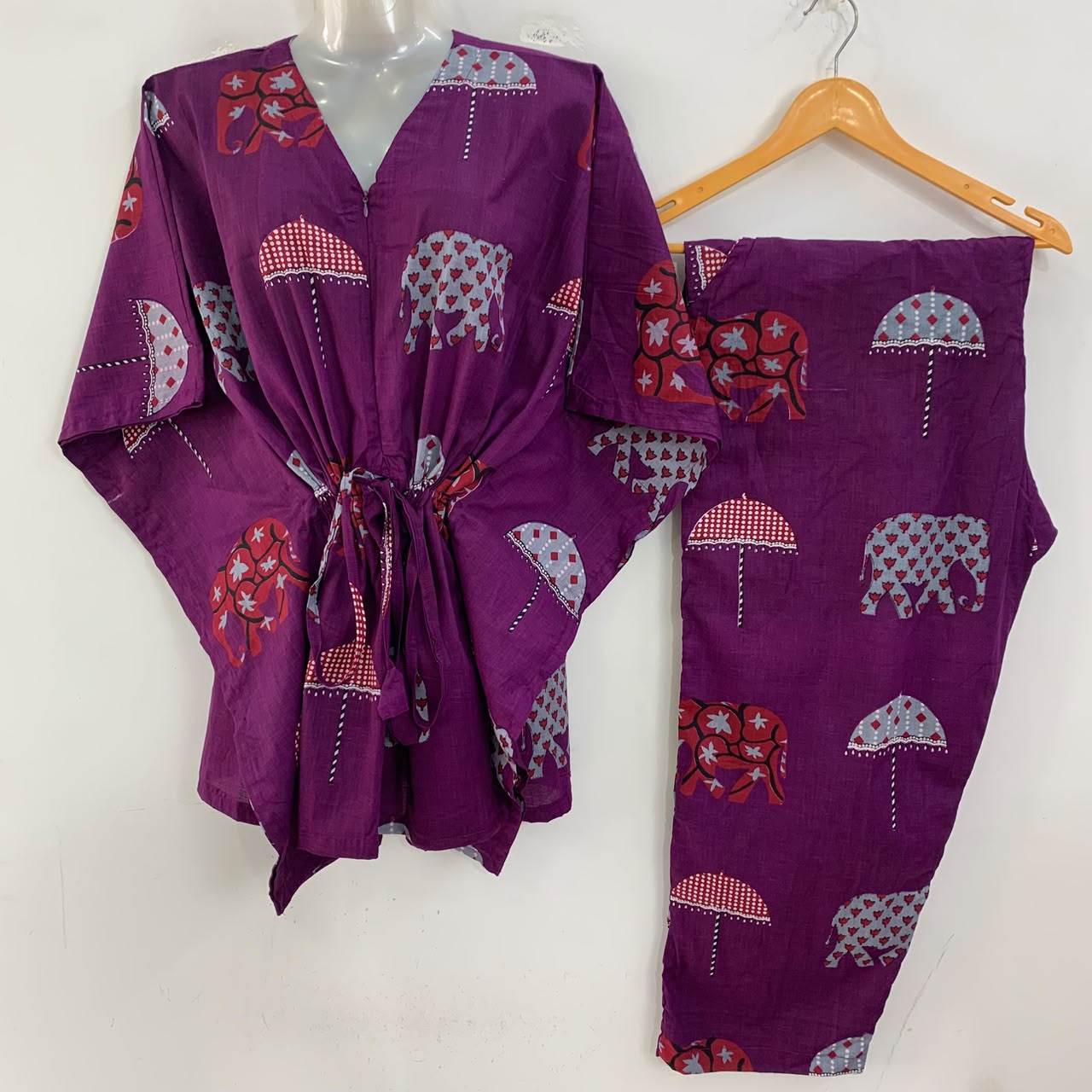 Dark Purple shade Umbrella Elephant Print Cotton Maternity Kaftan Co-Ord Set