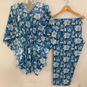 Blue shade California Poppy Flower Print Cotton Maternity Kaftan Co-Ord Set