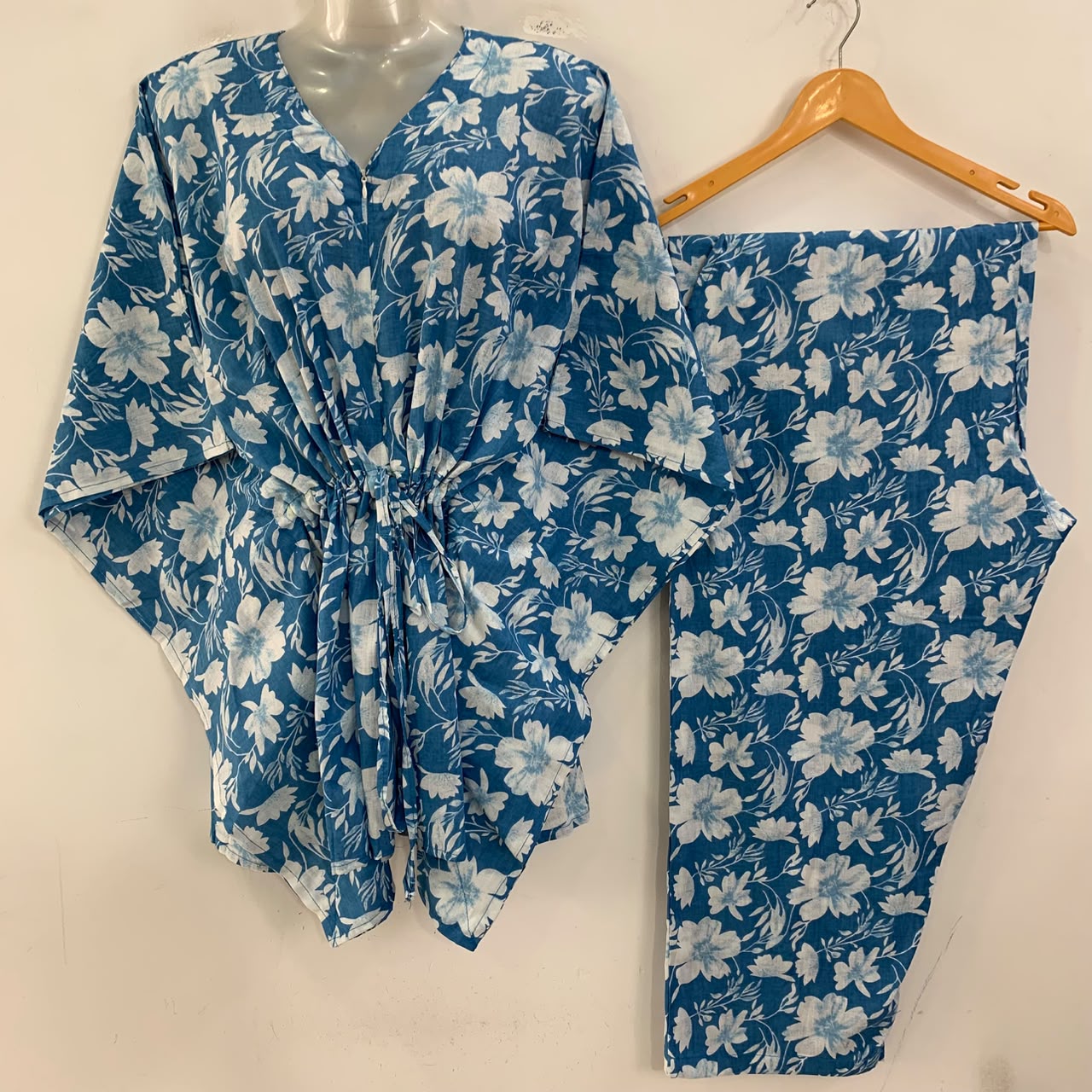 Blue shade California Poppy Flower Print Cotton Maternity Kaftan Co-Ord Set