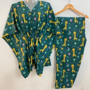 Green shade Yellow Giraffe Print Cotton Maternity Kaftan Co-Ord Set