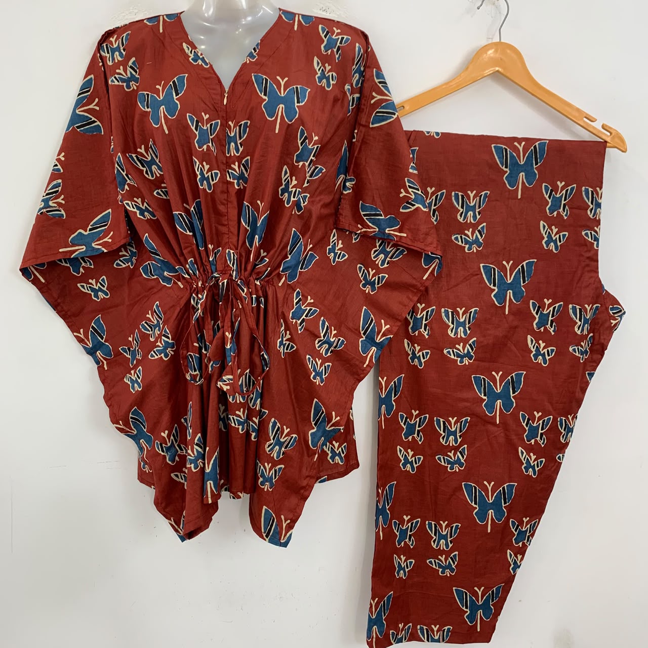 Brick Red Shade Blue Butterfly Print Cotton Maternity Kaftan Co-Ord Set