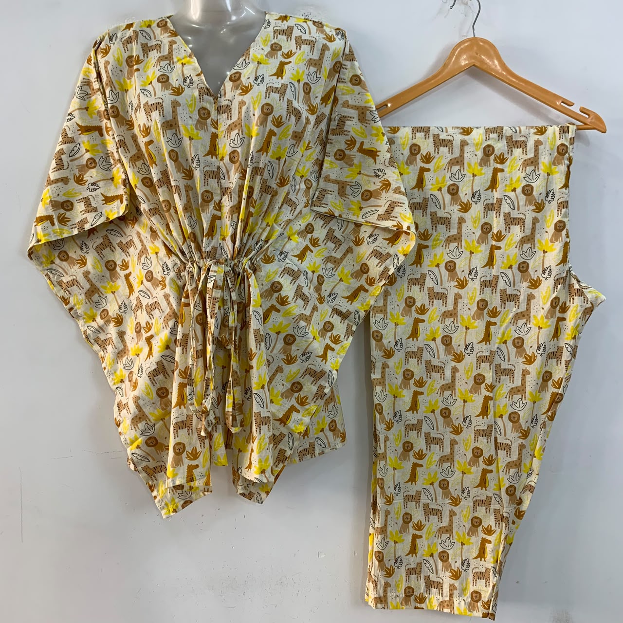 Off White shade Yellow Brown Animal Print Cotton Maternity Kaftan Co-Ord Set