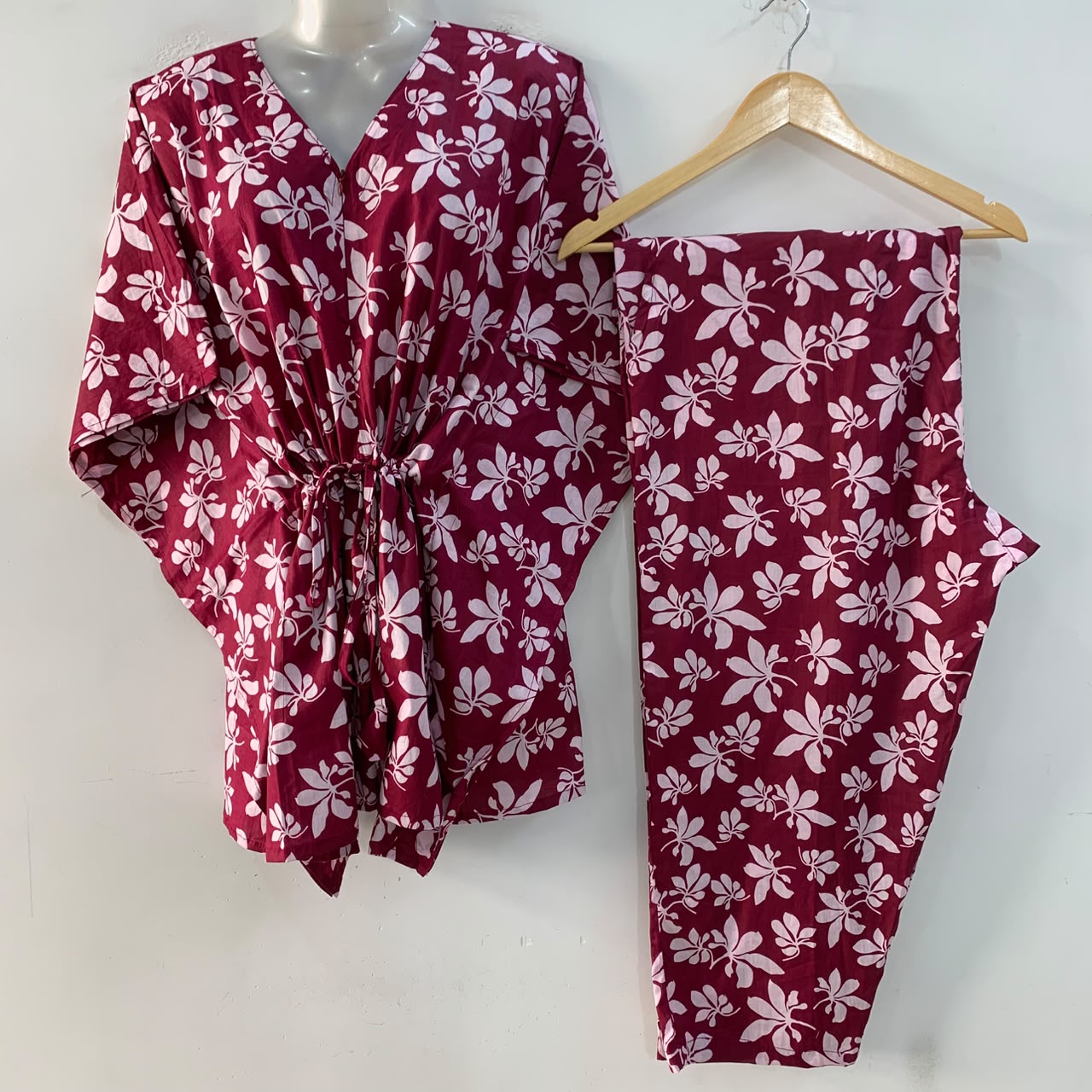Mehroon shade Autumn Leafy Print Cotton Maternity Kaftan Co-Ord Set