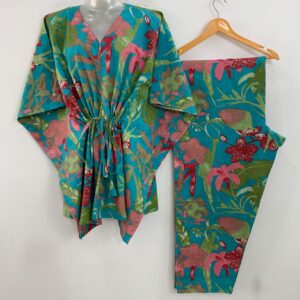 Seagreen shade Green Monstera Leafy Print Cotton Maternity Kaftan Co-Ord Set