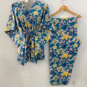 Blue shade Yellow-Pink Morning Glory Print Cotton Maternity Kaftan Co-Ord Set