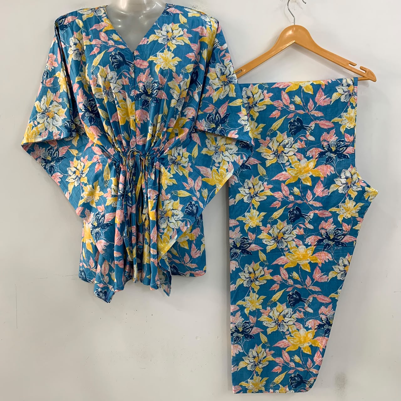 Blue shade Yellow-Pink Morning Glory Print Cotton Maternity Kaftan Co-Ord Set