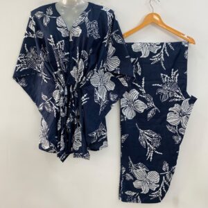 Dark Blue shade Pumpkin Flower Print Cotton Maternity Kaftan Co-Ord Set