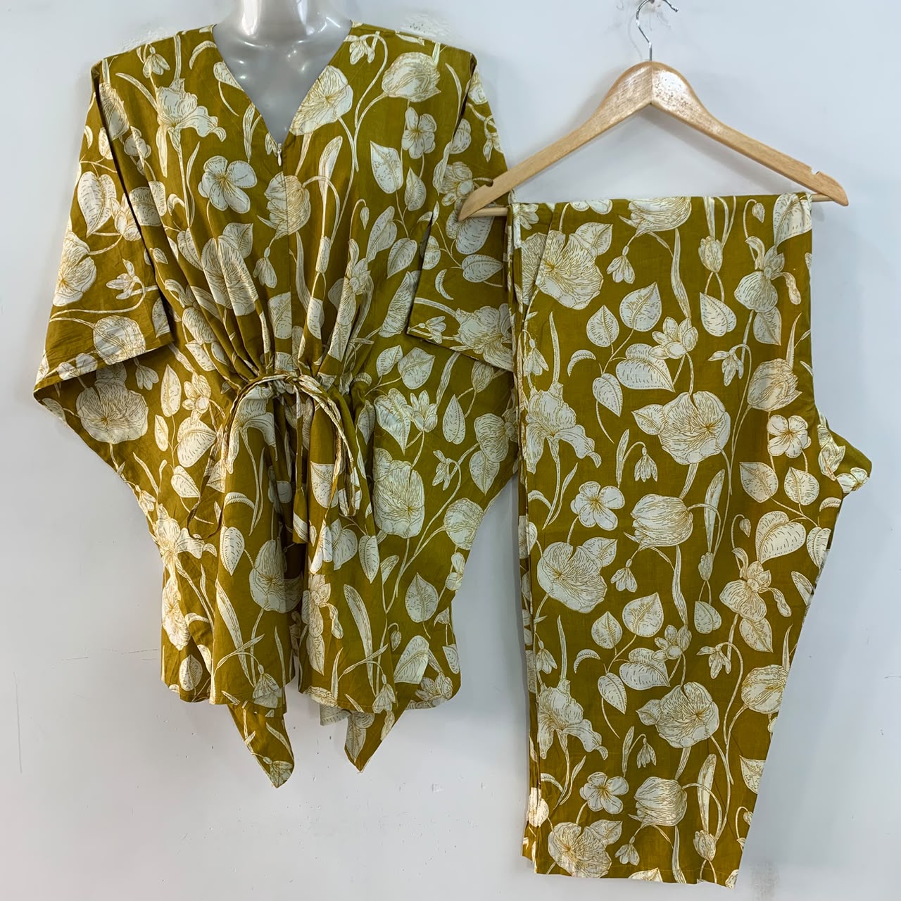 Mustard Yellow Cotton Flower Print Cotton Maternity Kaftan Co-Ord Set