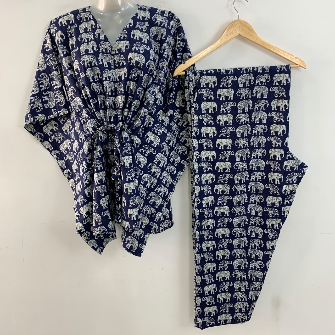 Navy Blue shade Paper Elephant Print Cotton Maternity Kaftan Co-Ord Set
