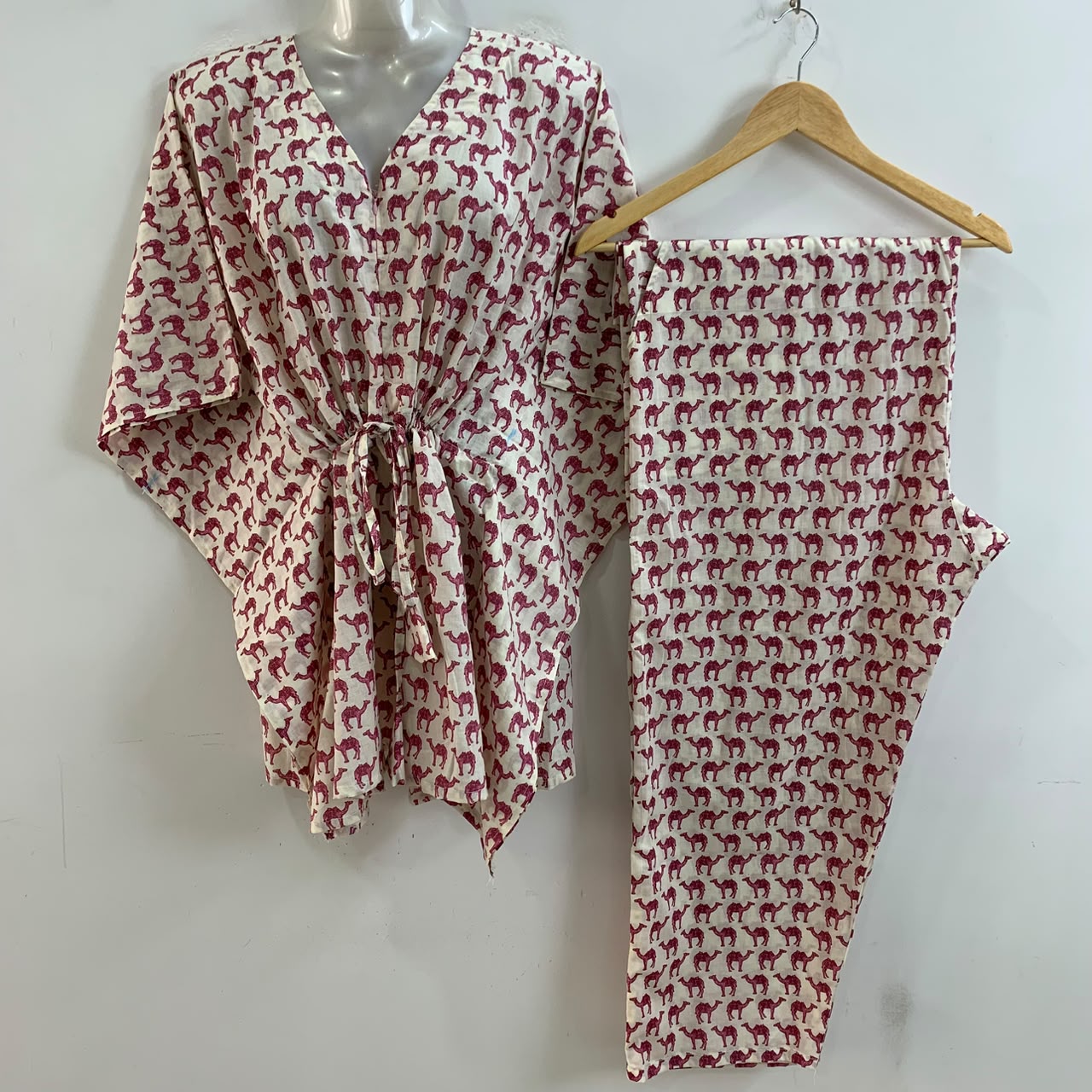 White shade Pink Camel Print Cotton Maternity Kaftan Co-Ord Set