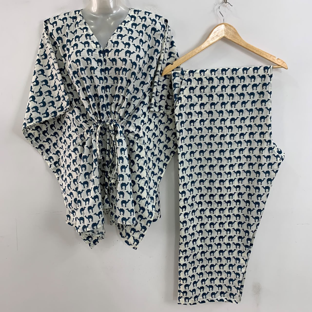 White shade Blue Camel Print Cotton Maternity Kaftan Co-Ord Set