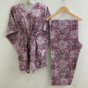 Mehroon Shade Big Flower Leafy Print Cotton Maternity Kaftan Co-Ord Set