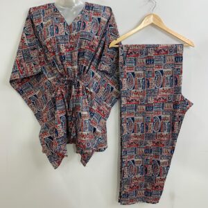 Blue Red Block Baghru Print Cotton Maternity Kaftan Co-Ord Set