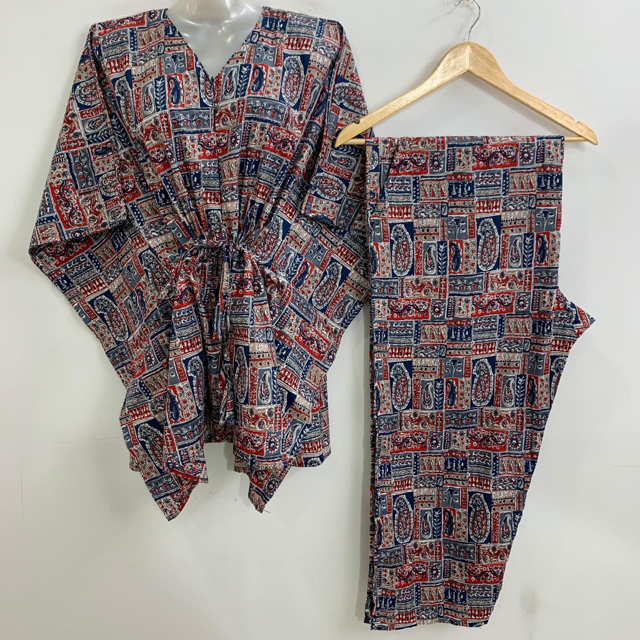 Blue Red Block Baghru Print Cotton Maternity Kaftan Co-Ord Set