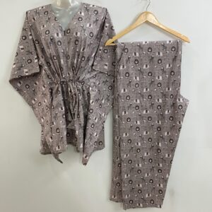 Pastel Grey shade Animal Print Cotton Maternity Kaftan Co-Ord Set