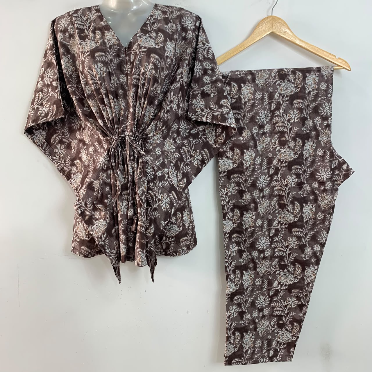 Wood Brown Shaded Flower Jungle Print Cotton Maternity Kaftan Co-Ord Set