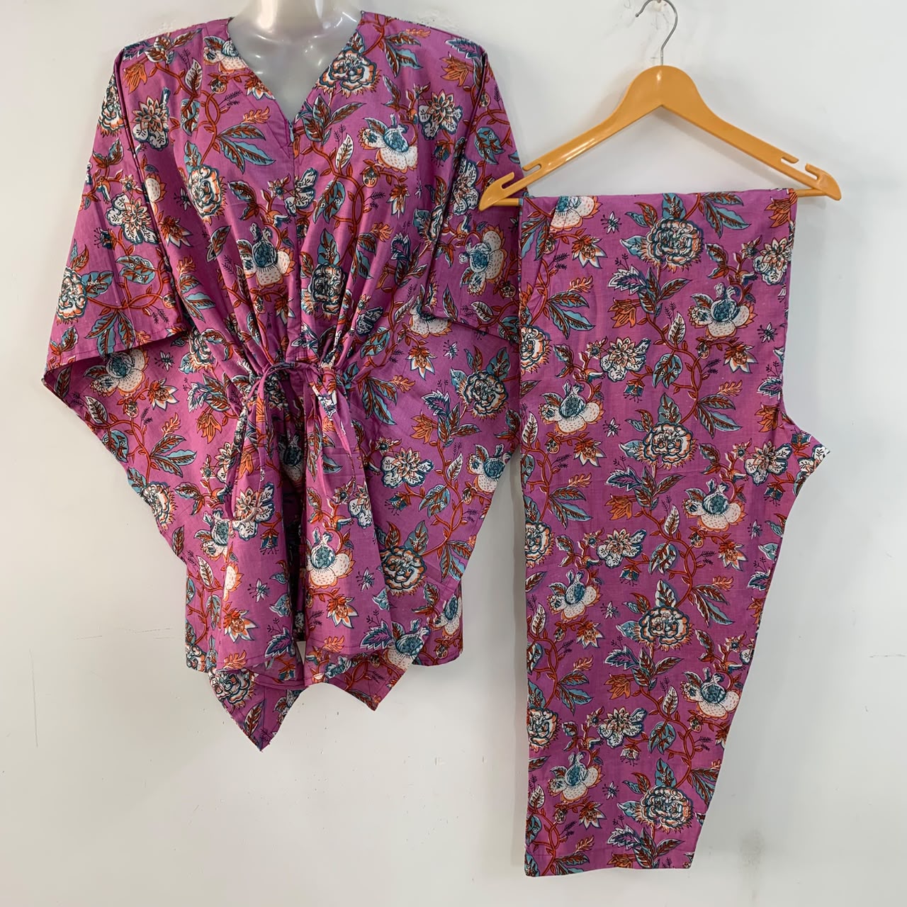 Purple shade Blue Marigold Flower Print Cotton Maternity Kaftan Co-Ord Set