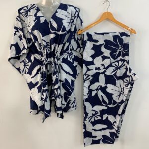 Dark Blue shade Big White flower Garden Print Cotton Maternity Kaftan Co-Ord Set