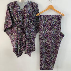 Purple shade Green Kalamkari Print Cotton Maternity Kaftan Co-Ord Set