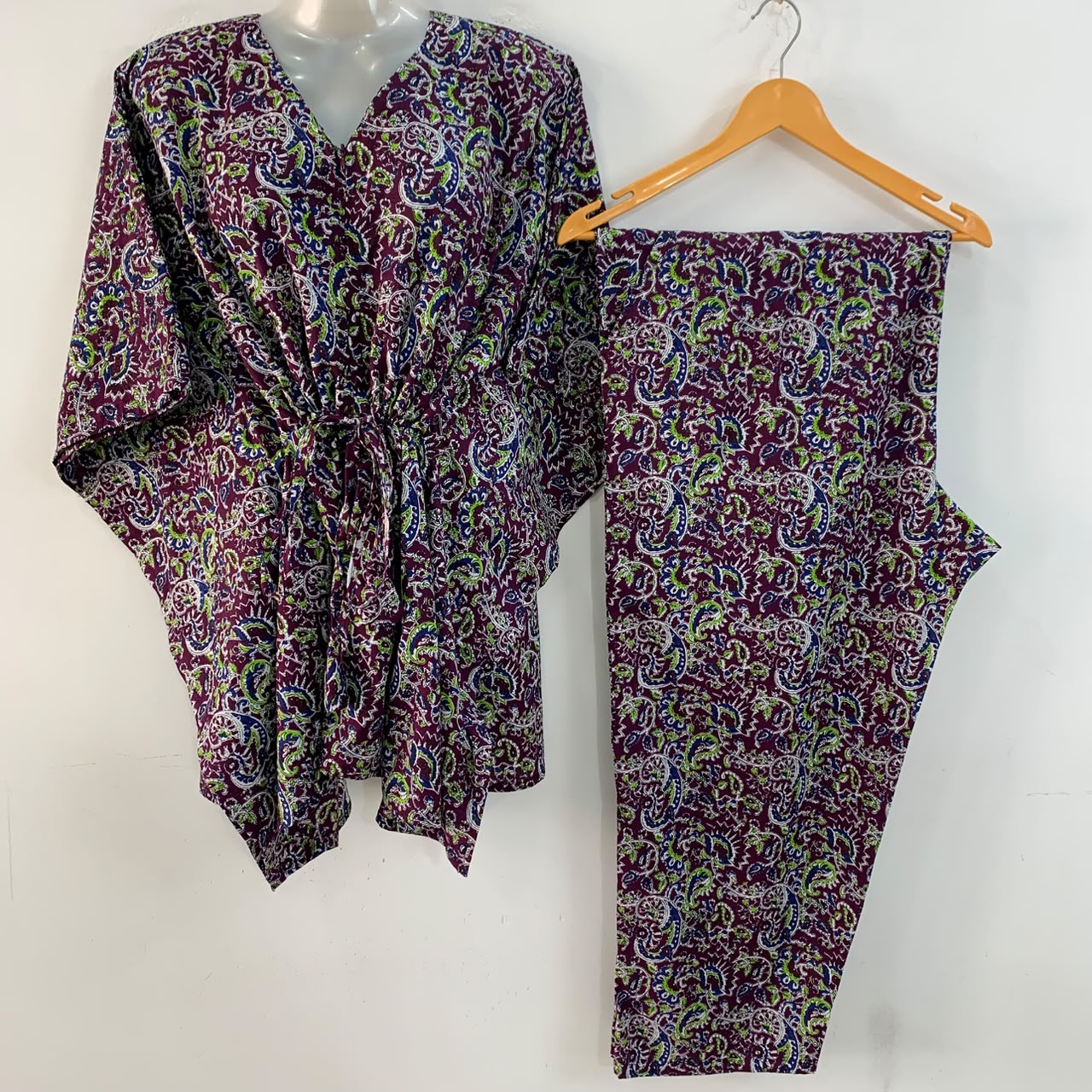 Purple shade Green Kalamkari Print Cotton Maternity Kaftan Co-Ord Set