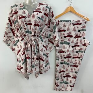 White shade Mehroon-Green Car Print Cotton Maternity Kaftan Co-Ord Set