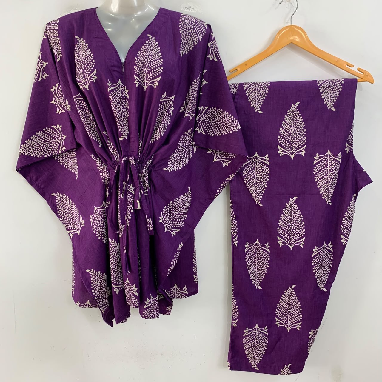 Dark Purple shade Corn Stem Print Cotton Maternity Kaftan Co-Ord Set