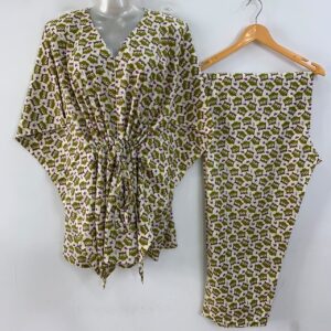 Off White shade Green Owl Print Cotton Maternity Kaftan Co-Ord Set
